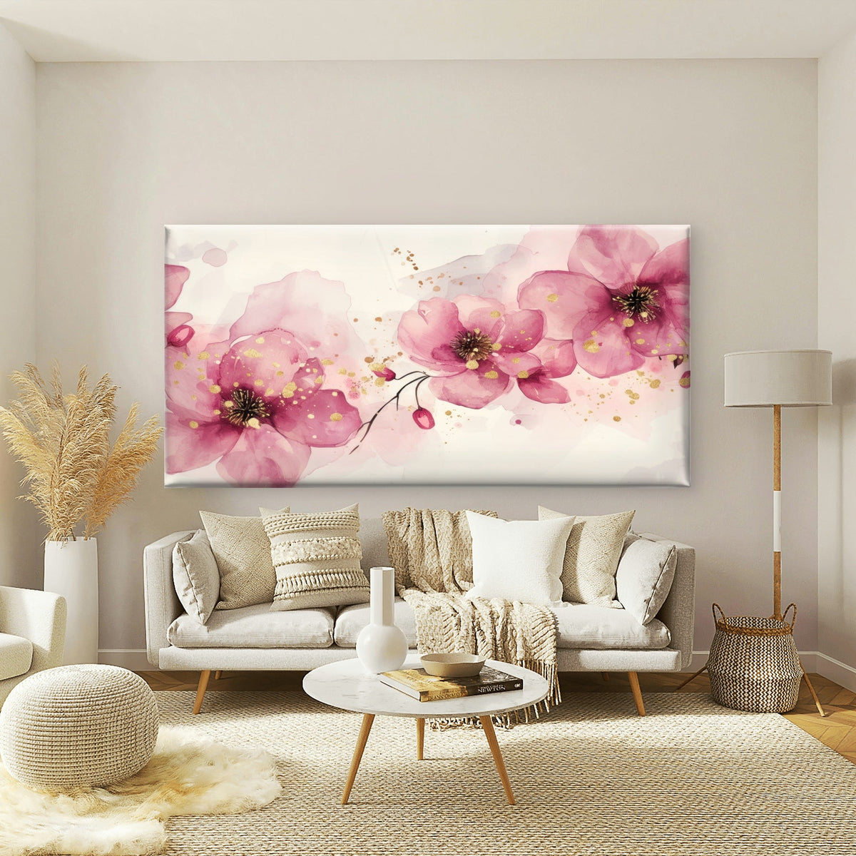 Pink Watercolor Flower Blossoms Wall Art Canvas Office Home Room Framed 120x60cm