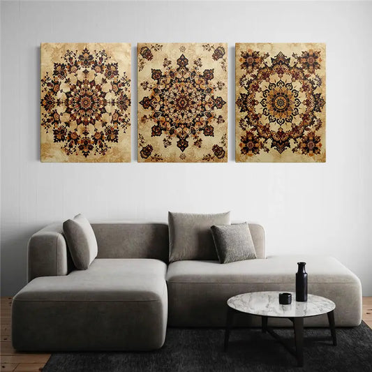 3pcs Vintage Mandala Boho Chic Floral Patterns Classic Design Metal Print Ready to Hang Art