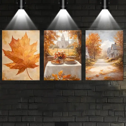 3pcs Autumn Town Maple Leaves Classic Design Metal Print Ready to Hang Art