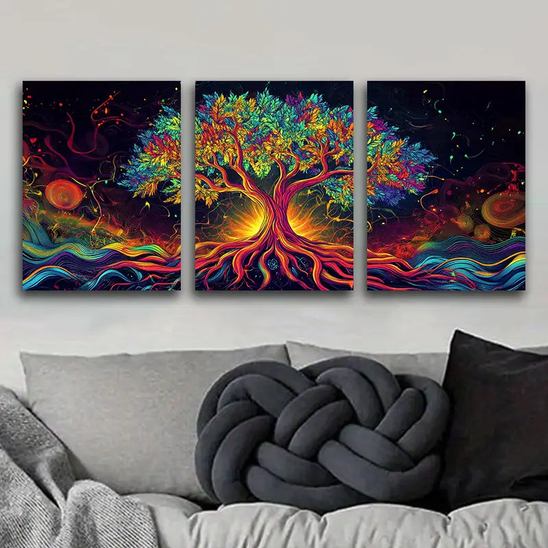 3pcs Psychedelic Tree of Life Design Metal Print Ready to Hang Art