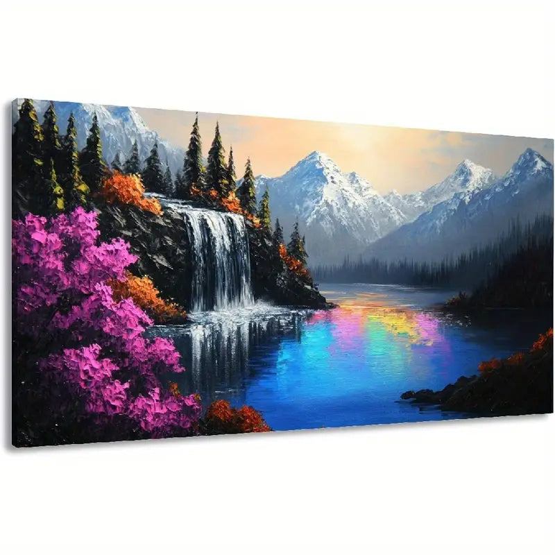 Waterfall Lake Snow-Capped Mountains & Forest Wall Art canvas office home room framed 120x60cm