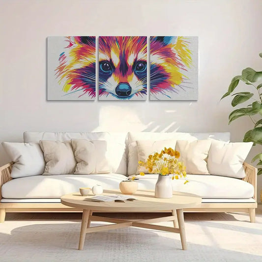 3pcs Cute Raccoon face Canvas Painting Metal Print Ready to Hang Art