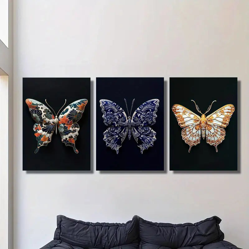3pcs Japanese Butterfly on Black Background Wall Art Set Canvas Framed 40x60cm - High Quality Print 100% Australian Made Wall Canvas Ready to Hang