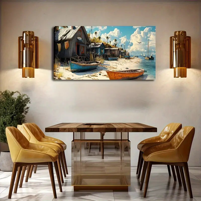 Rustic Beach House & Boat Wall Art Canvas Office Home Room Framed 120x60cm