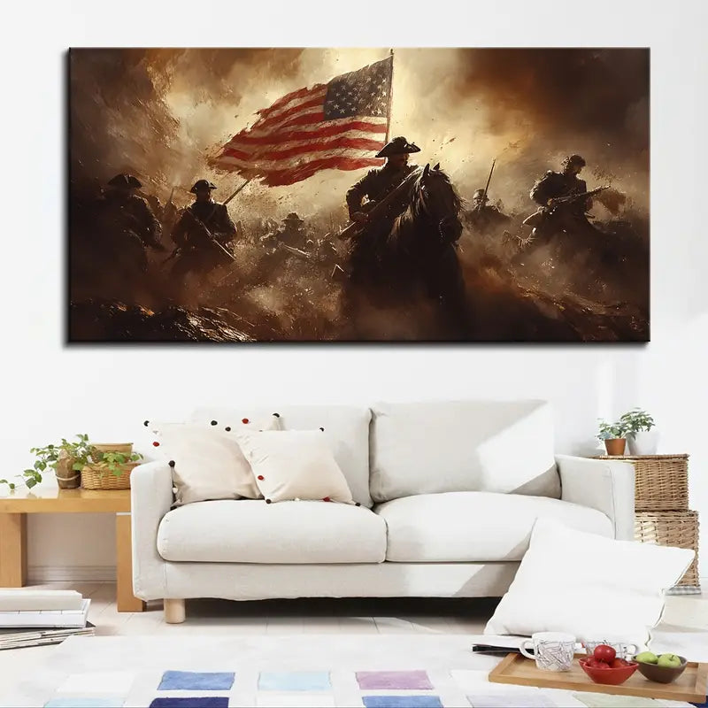 American Revolutionary War Patriotic with Soldiers & Flag Battle Scene Wall Art wall canvas office home room framed 120x60cm