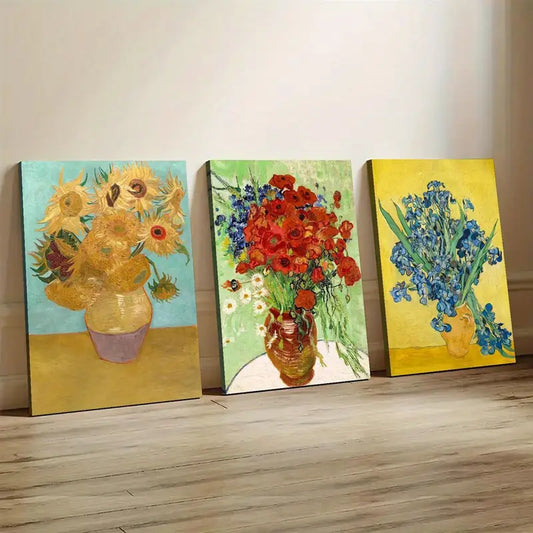 3pcs Vibrant Oil Paintings of Sunflowers, Roses & Irises, Green Metal Print Ready to Hang Art