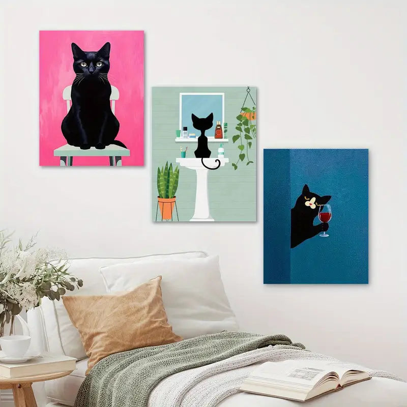 3pcs Black Cat on White Chair, Curious Cat with Wine Glass Metal Print Ready to Hang Art