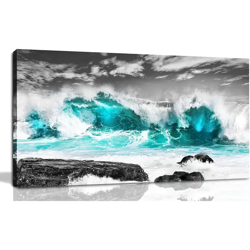 Beach Coastal White Clouds Black Stones Wall Art canvas office home room framed 120x60cm