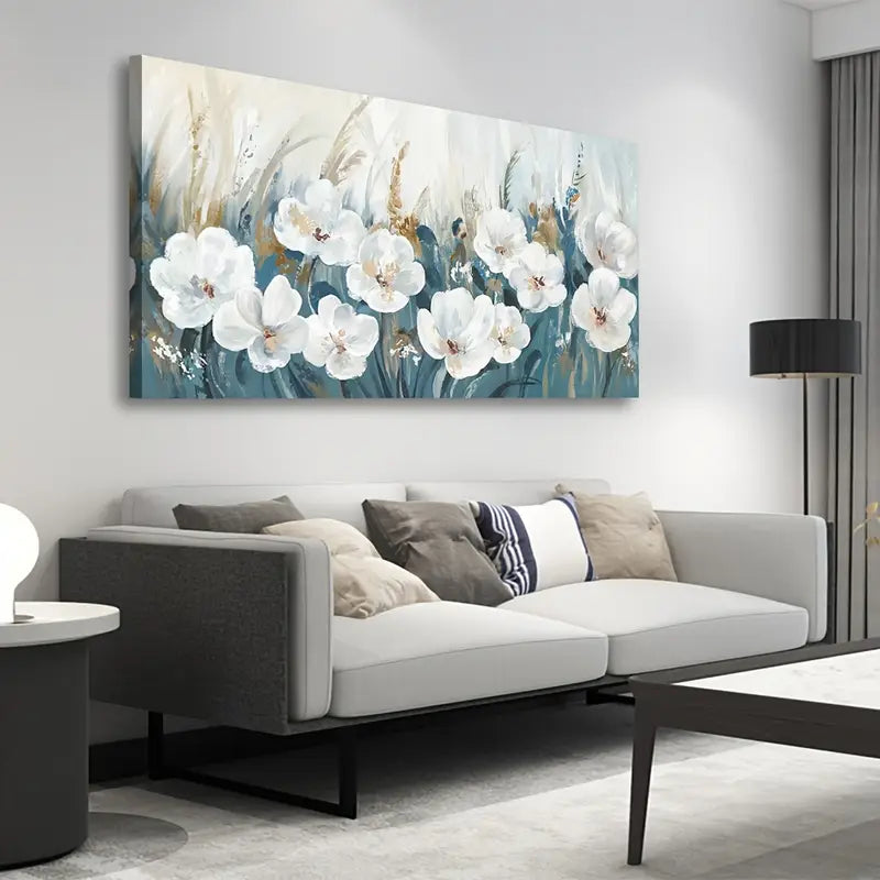 Abstract White Flowers Navy Blue Reed Botanical Wall Art canvas office home room framed 120x60cm