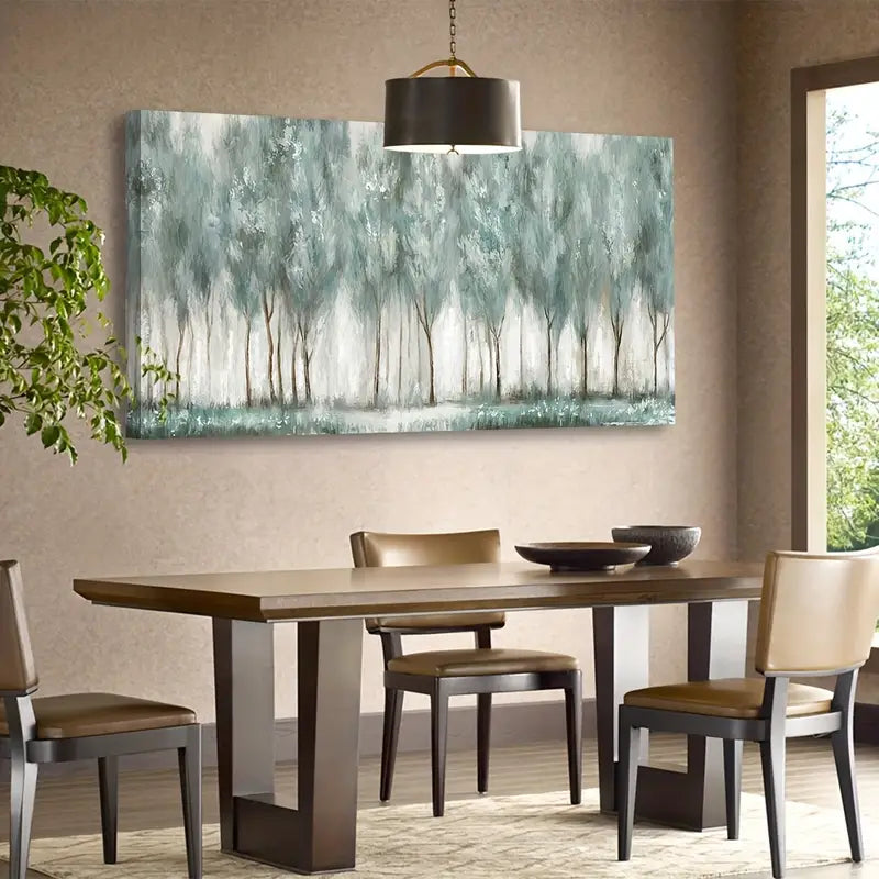 Abstract Forest Grey Teal Foggy Trees Wall Art canvas office home room framed 120x60cm