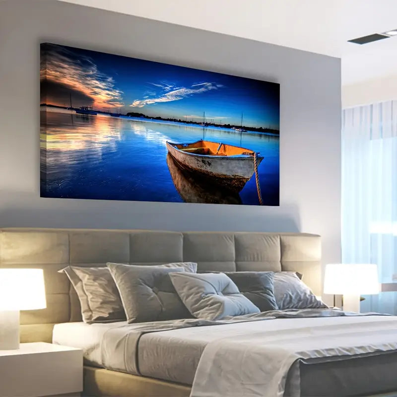Blue Lake Boat Ocean Sunset Wall Art canvas office home room framed 120x60cm