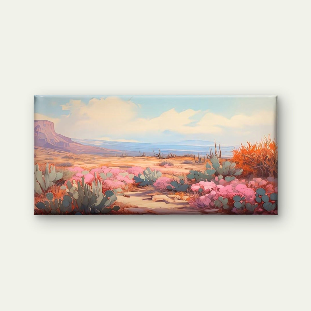 Desert Cactus & Pink Blooms Wall Art Canvas Office Home Room Framed 80x45cm