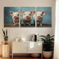 3pcs Whimsical Pink Pigs on a Blue Textured Backdrop Metal Print Ready to Hang Art