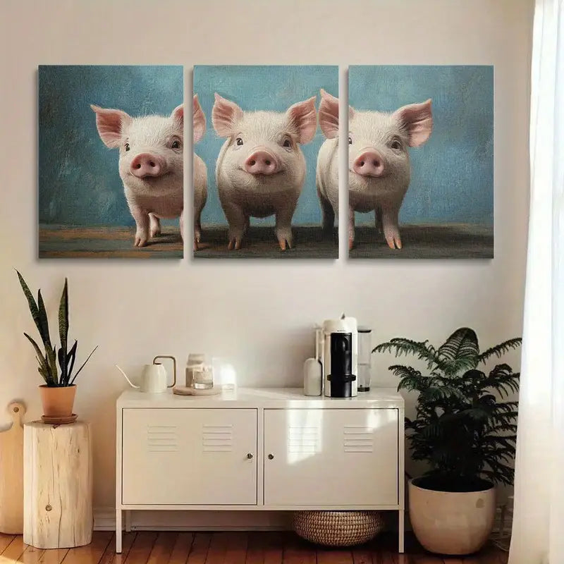 3pcs Whimsical Pink Pigs on a Blue Textured Backdrop Metal Print Ready to Hang Art