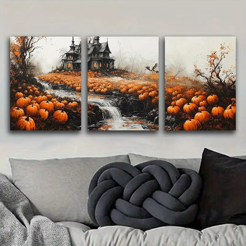 3pcs Luxurious Pumpkin Haunted House Metal Print Ready to Hang Art