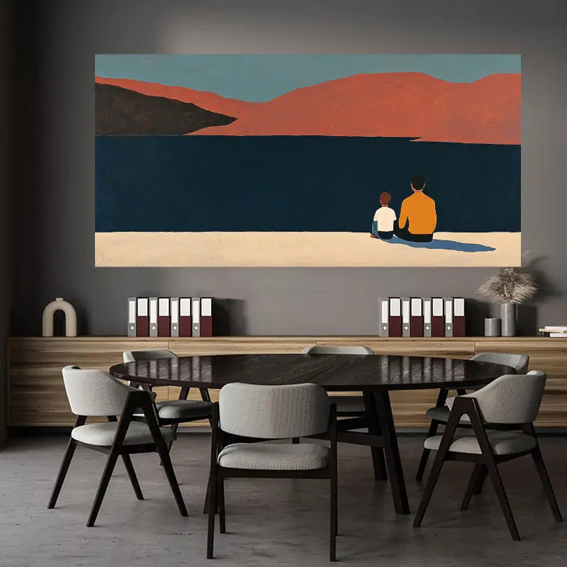 Father & Son Vibrant Beach Scene with Orange & Blue Sky Wall Art wall canvas office home room framed 120x60cm