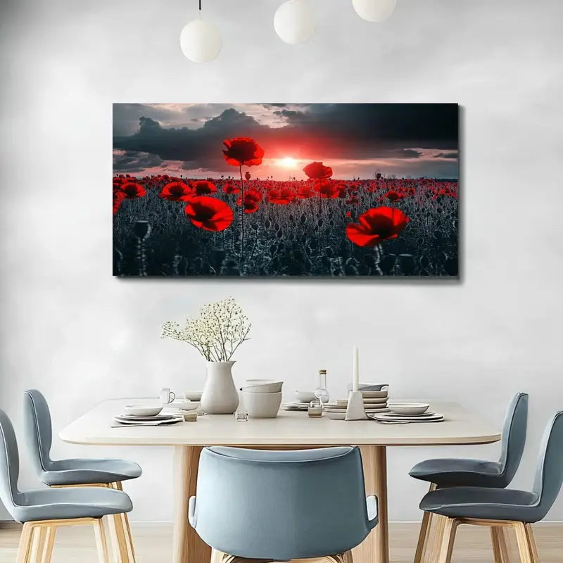 Red Field Poppies Sunset Wall Art canvas office home room framed 120x60cm