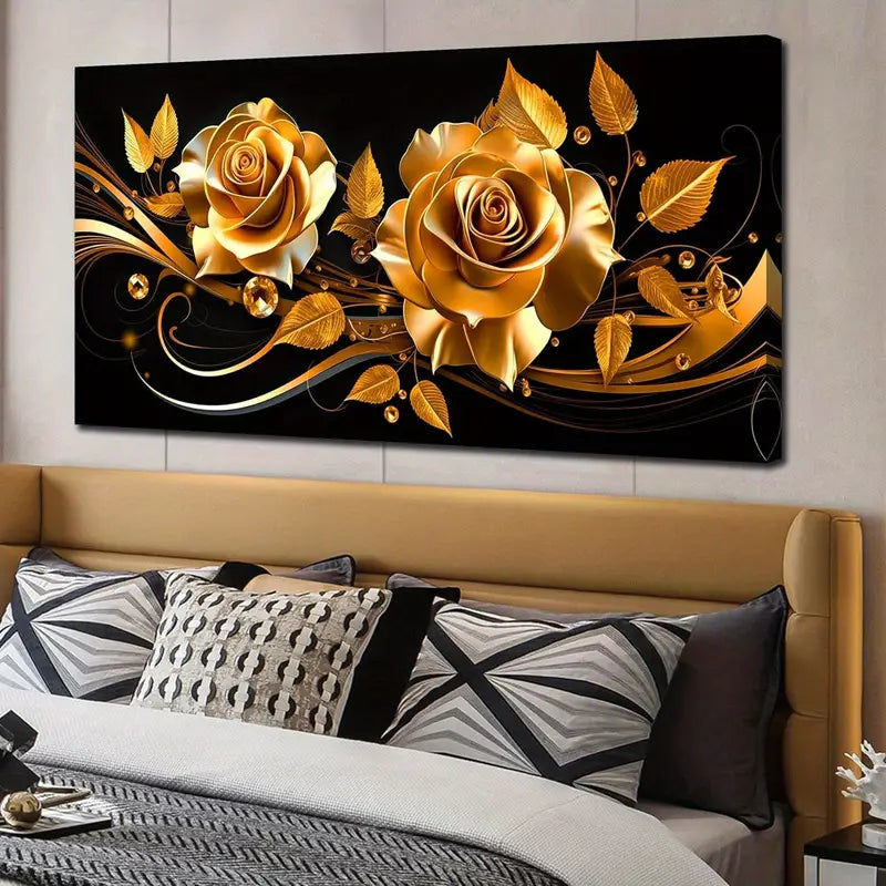Golden Rose Elegant Floral Black Wall Art canvas office home room framed 120x60cm