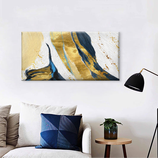 Abstract Blue And Gold Brushstrokes Wall Art Canvas Office Home Room Framed 80x45cm