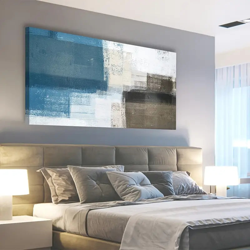 Abstract Blue White Brown & Beige Wall Art canvas office home room framed 120x60cm