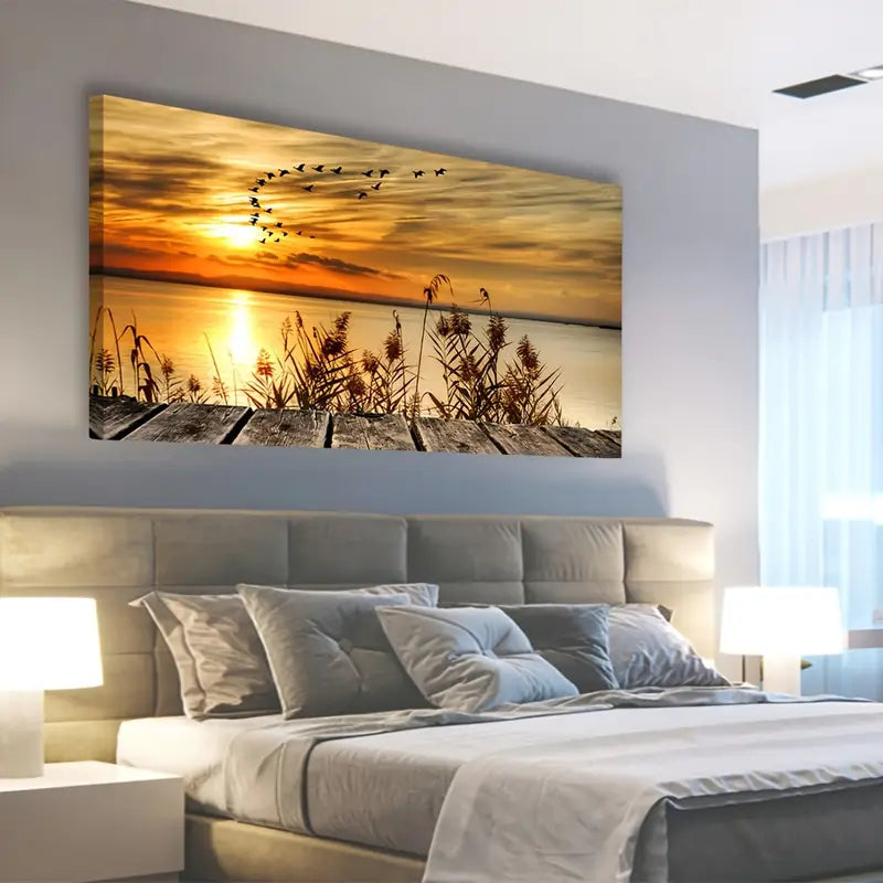 Sunset Lake Vibrant Nature Scene Wall Art canvas office home room framed 120x60cm