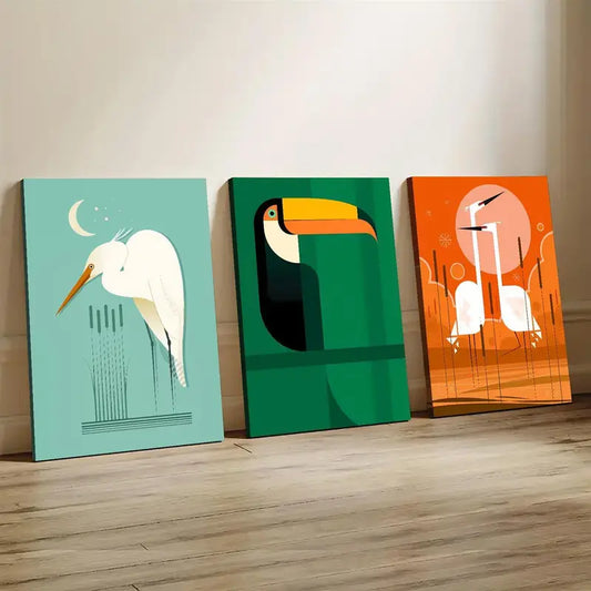 3pcs Cranes Foraging in The Reeds Under The Moon, Fashion Metal Print Ready to Hang Art
