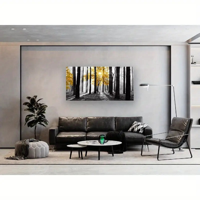 Yellow Tree Black & White Sunshine Foggy Forest Wall Art canvas office home room framed 120x60cm