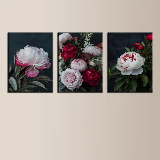3pcs Oil Paintings with Peonies, Roses & Lush Greenery Metal Print Ready to Hang Art