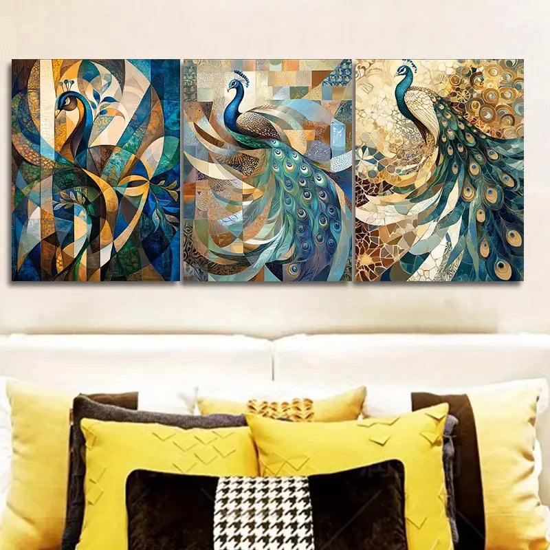 3pcs Featuring a Peacock Displaying Its Feathers Metal Print Ready to Hang Art