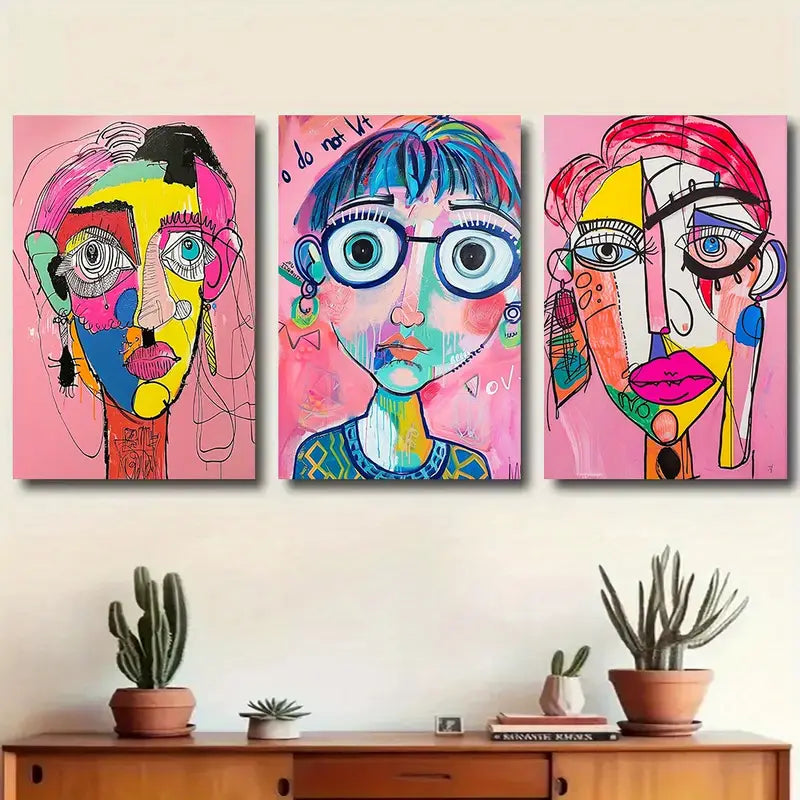 3pcs Colorful Geometric Faces with Bold Features and Expressions Metal Print Ready to Hang Art