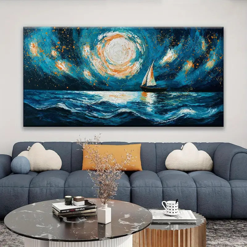 Coastal Beach Starry Nights Wall Art canvas office home room framed 120x60cm