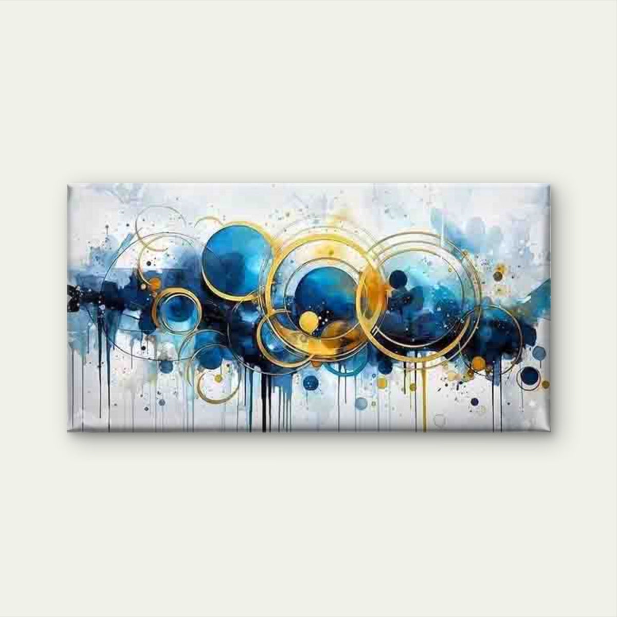 Blue Circles And Golden Lines Wall Art Canvas Office Home Room Framed 120x60cm