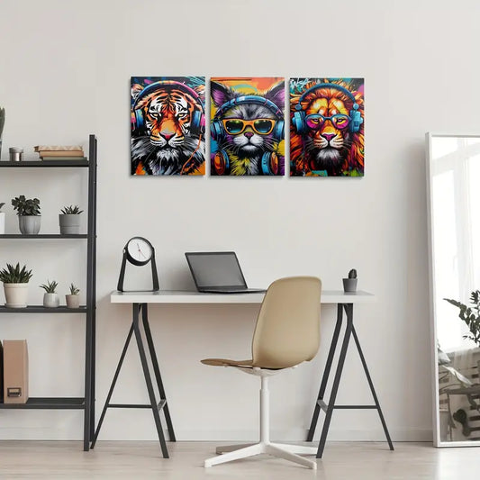 3pcs Vibrant Graffiti Animals with Headphones, Lions & Tigers Metal Print Ready to Hang Art