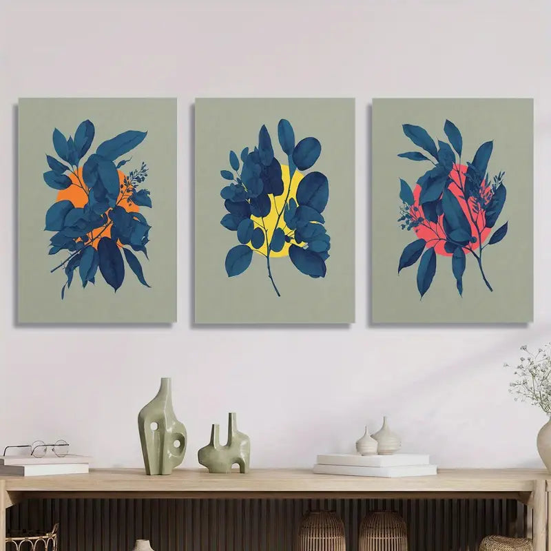 3pcs Watercolor Eucalyptus Botanical Vibrant Blue & Orange Metal Print Ready to Hang Art