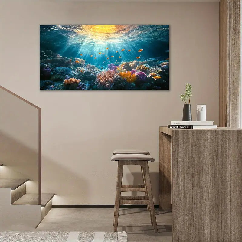Large Ocean Vibrant Coral Reef Fish & Sunlight Seascape Wall Art canvas office home room framed 120x60cm