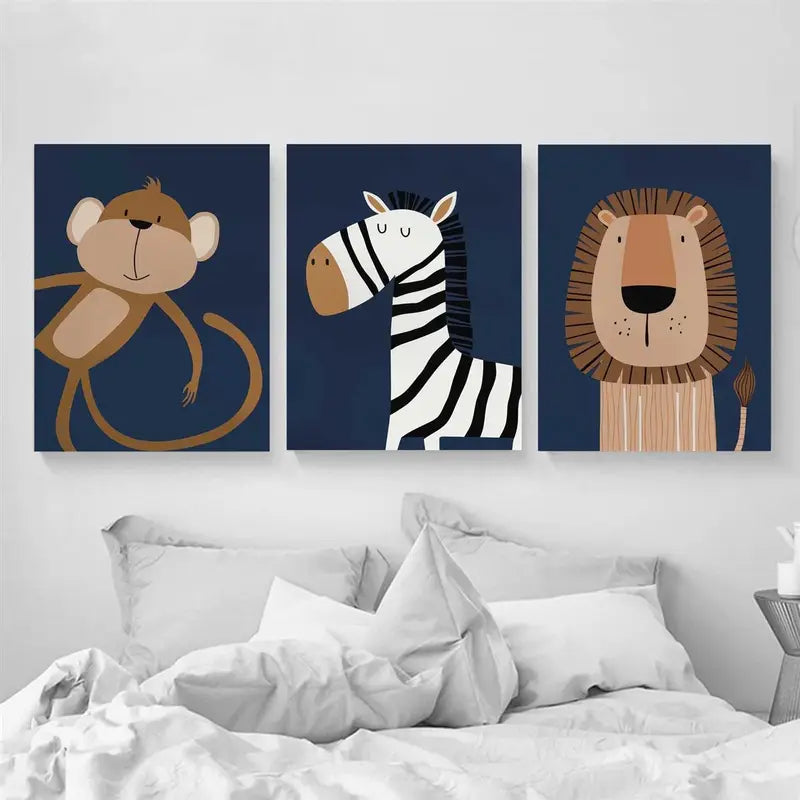 3pcs Navy Blue Safari Animal Minimalist Painting Metal Print Ready to Hang Art