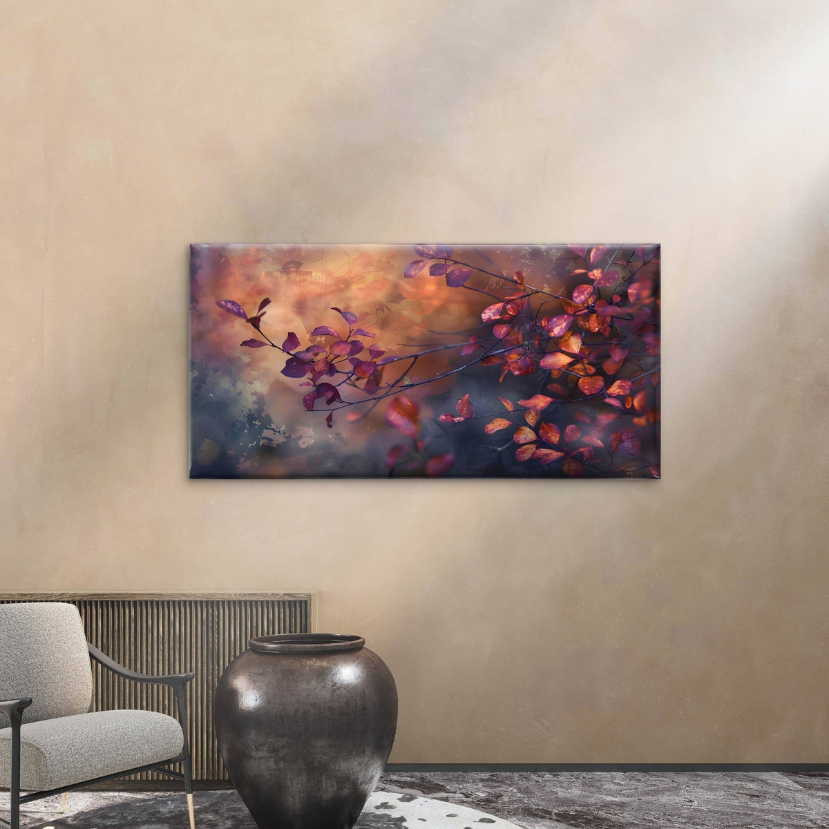 Autumn Red Leaves Branches Botanical Nature Wall Art Canvas Office Home Room Framed 80x45cm