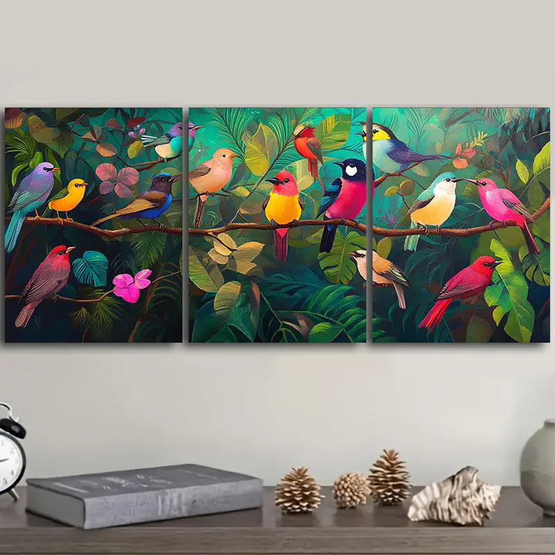3pcs Birds perched on branches and leaves Metal Print Ready to Hang Art
