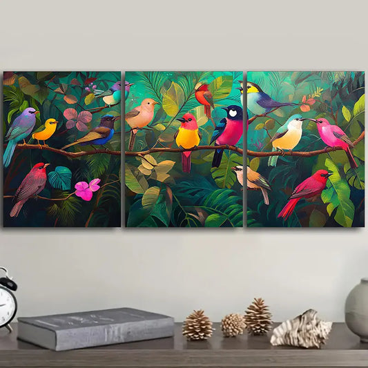 3pcs Birds perched on branches and leaves Metal Print Ready to Hang Art
