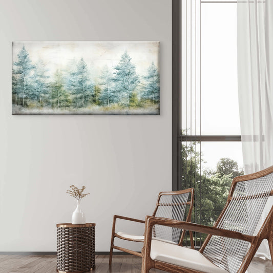 Misty Pine Forest Watercolor Nature Wall Art Canvas Office Home Framed 80x45cm
