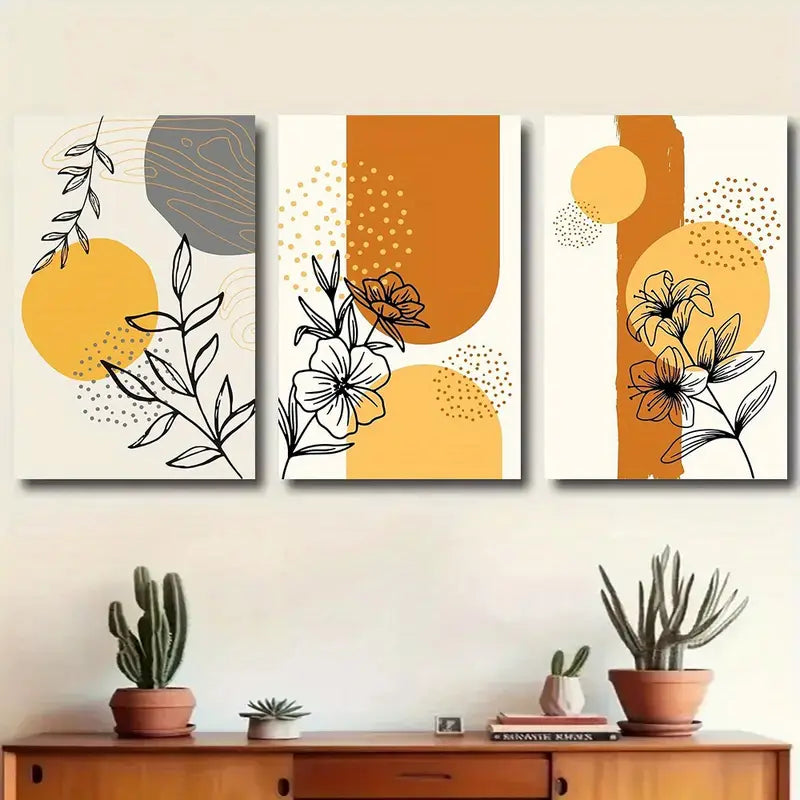 3pcs Abstract Botanical Line Art with Geometric Shapes Metal Print Ready to Hang Art