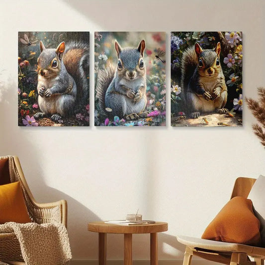 3pcs Gray Squirrel Vibrant Floral & Butterfly Nature Scenes Metal Print Ready to Hang Art