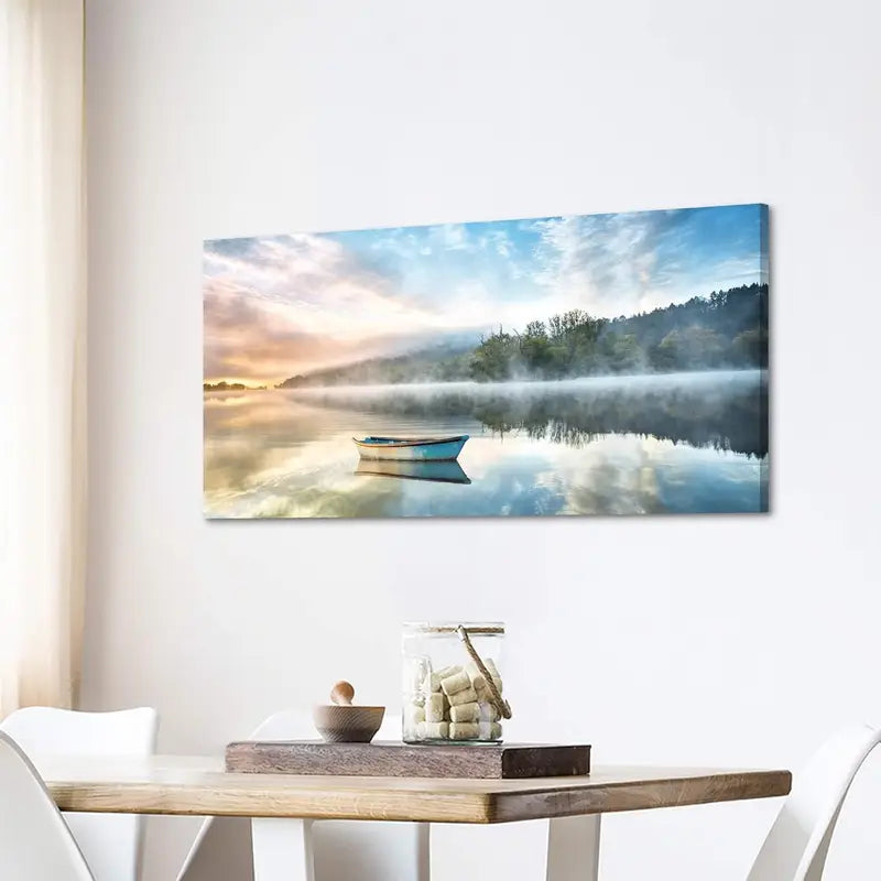 Modern Nature Boat Scene Lake Wall Art canvas office home room framed 120x60cm
