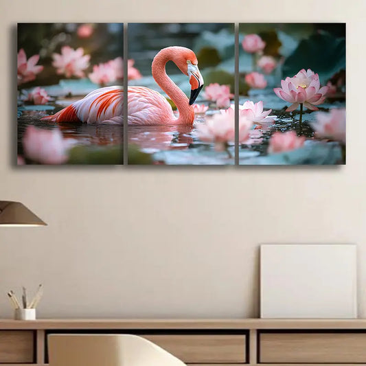 3pcs The Flamingos are Swimming Metal Print Ready to Hang Art
