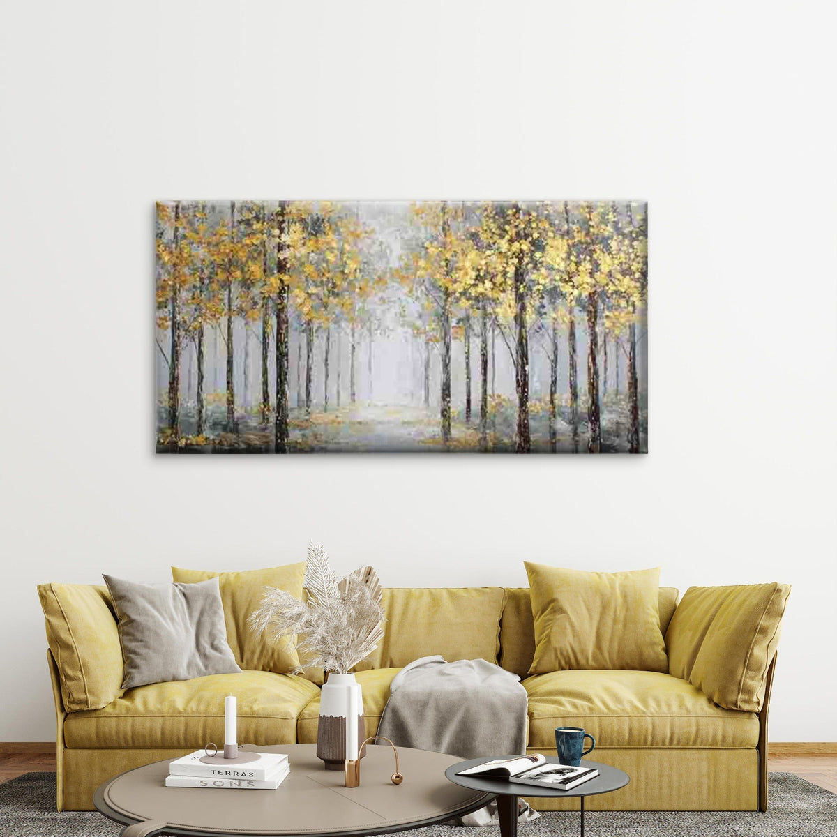Golden Trees in a Misty Forest Wall Art Canvas Office Home Room Framed 80x45cm