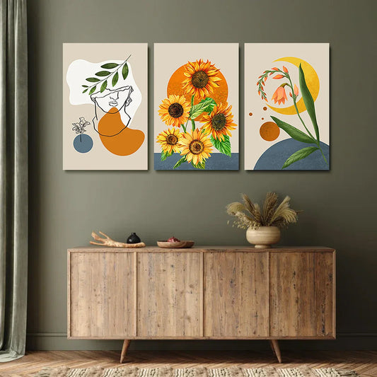 3pcs Beautiful Painted Sunflower Flower Abstract Metal Print Ready to Hang Art