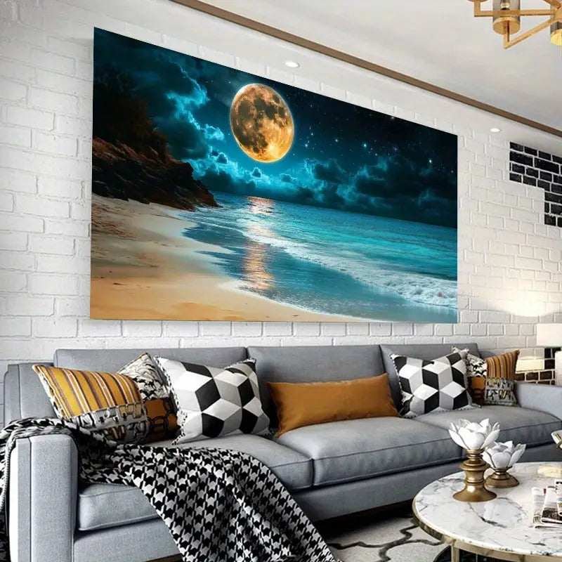 Tropical Night Scene with Sandy Shoreline, Lush Greenery & Starry Sky Wall Art wall canvas office home room framed 120x60cm