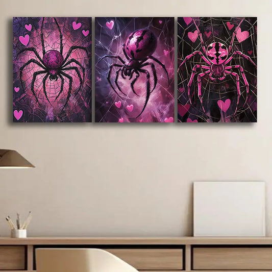 3pcs Luxurious Pink and Black Spider Metal Print Ready to Hang Art