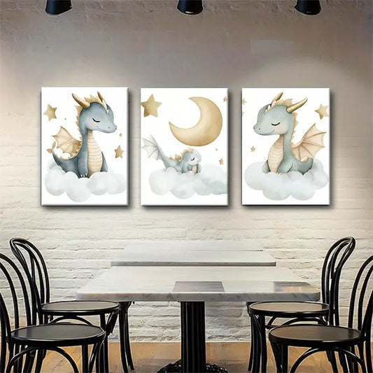3pcs Dreamy Dragons with Soft Golden Stars and Moon Metal Print Ready to Hang Art