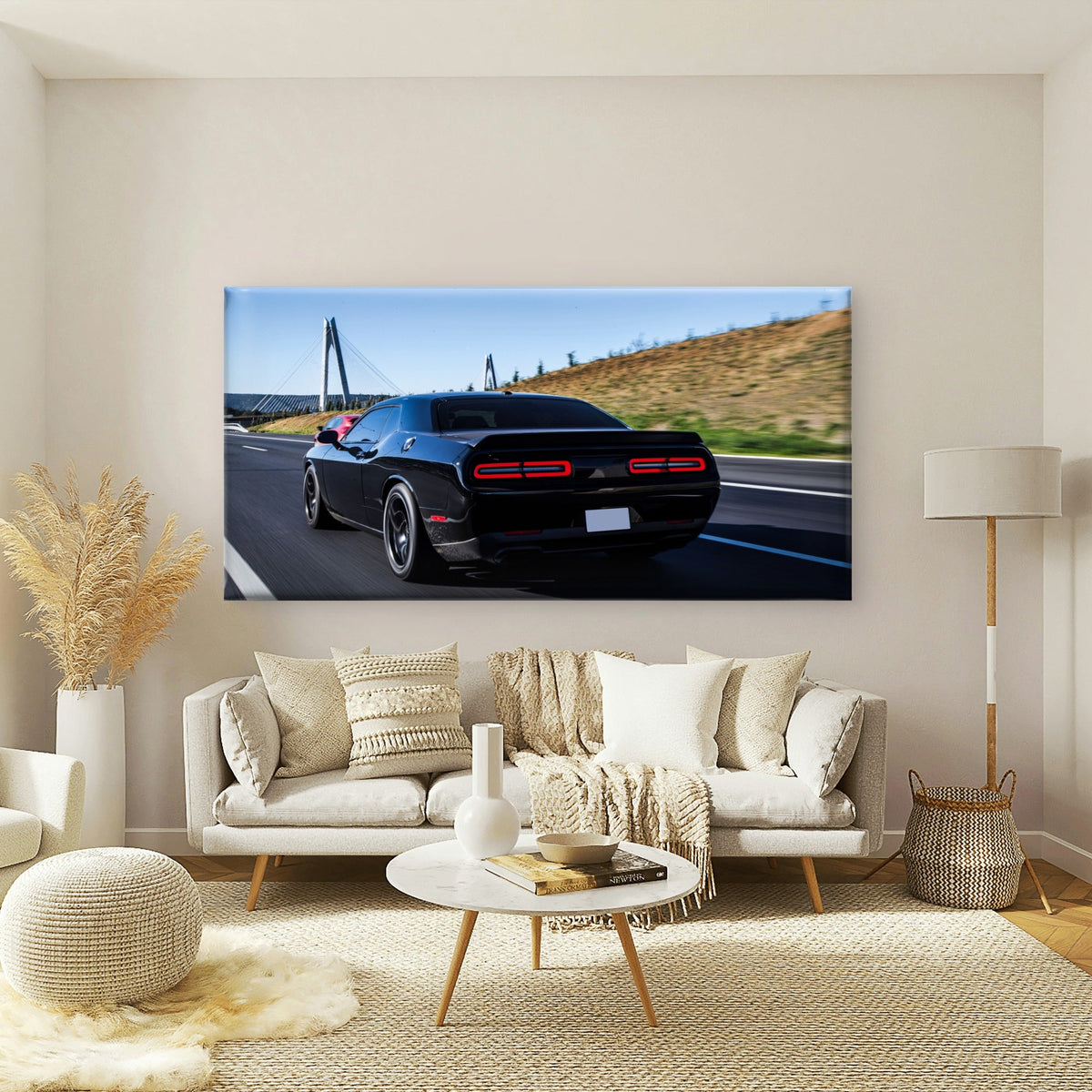 Black Muscle Car On Highway Wall Art Canvas Office Home Room Framed 120x60cm